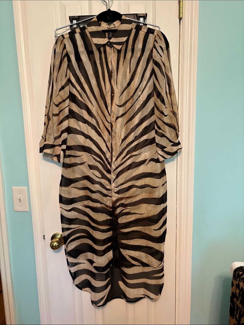 Black Label Sheer Zebra-Print Button Front Tunic in Black and Tan